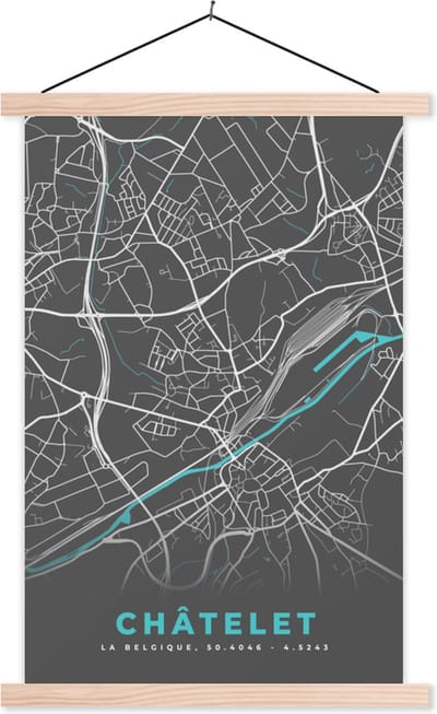 Posterhanger incl. Poster 40x60 cm - Schoolplaat - België – Châtelet – Stadskaart – Kaart – Blauw – Plattegrond - Textielposter - Blanke latten - Stadskaart