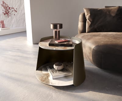 Salontafel Daban Keramiek Minas Melange wit-beige 59x59 cm Metalen onderstel titaankleurig
