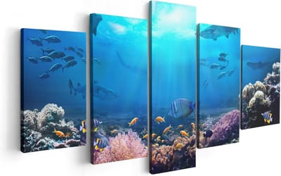 Artaza Canvas Schilderij Vijfluik Vissen met Haaien in de Oceaan met Koraalrif - 100x50 - Foto Op Canvas - Canvas Print