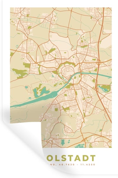 Muurstickers - Sticker Folie - Ingolstadt - Plattegrond - Stadskaart - Vintage - Kaart - 20x30 cm - Plakfolie - Muurstickers Kinderkamer - Zelfklevend Behang - Zelfklevend behangpapier - Stickerfolie