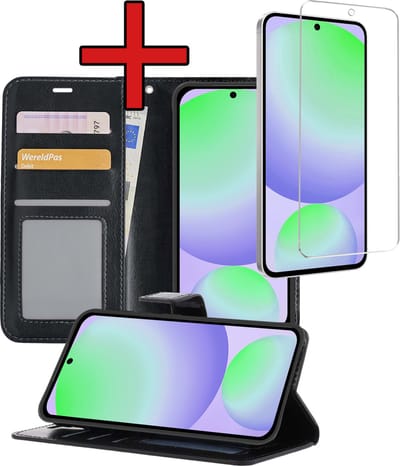 Hoesje - Met Screenprotector - Geschikt voor Samsung Galaxy S24 FE - Luxe Pasjeshouder - Flipcase - Bookcase Portemonee - Flip Case - Kunstleer Book Case - Book Cover - Walletcase - Portemonneehoes - Telefoonhoes - Zwart