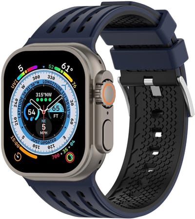 Siliconen bandje - geschikt voor Apple Watch series 1/2/3/4/5/6/7/8/9/10/11/ SE (1,2,3) / Ultra (1,2,3) met maat 44 mm / 45 mm / 46 mm / 49 mm - rvs gespsluiting - blauw zwart