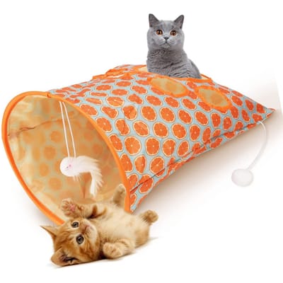 Opvouwbare Katten Tunnel Tas Interactief 5 Gaten Knisperende Geluiden Tunnel Huisdier Boor Emmer met Pluche Ballen voor Katten Kittens orange