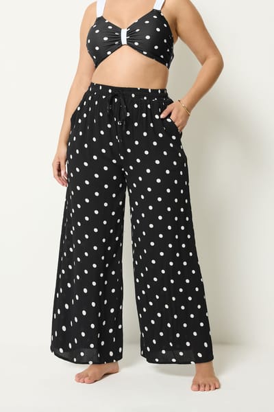 Yours Zwarte Broek Van Kreukelstof Met Stippenprint En Wijde Pijpen Size 38-40