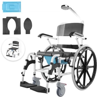 VEVOR Doucherolstoel, 17,5 inch brede aluminiumlegering badkamerrolstoel voor binnendouches, verstelbare doucherolstoel met rem voor gehandicapte volwassenen, draagvermogen van 300 lbs, douche-/toilet-/transportstoel