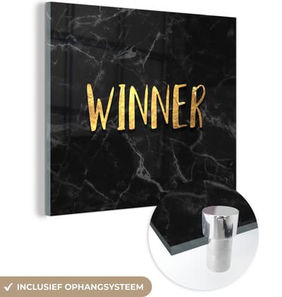 MuchoWow® Glasschilderij 50x50 cm - Schilderij acrylglas - Quotes - Win - Goud - Marmer - Foto op glas - Schilderijen