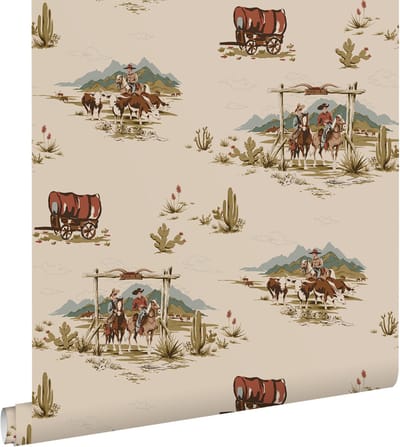 ESTAhome behang cowboys donker beige, blauw en groen - 50 x 900 cm - 131411
