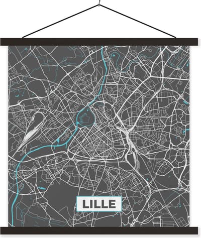 Posterhanger incl. Poster 60x60 cm - Schoolplaat - Lille - Frankrijk - Plattegrond - Kaart - Stadskaart - Textielposter - Zwarte latten - Stadskaart