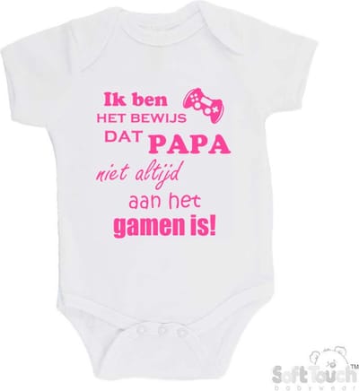 100% katoenen Romper "Ik ben het bewijs dat PAPA niet altijd aan het gamen is!" Meisjes Katoen Wit/roze Maat 62/68