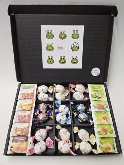 Chocolade Ballen - Thee Proeverij Pakket Groot | Mystery Card 'Opkikkertje' met persoonlijke (video)boodschap | Chocolade-Theepakket | Feestdagen box | Chocolade cadeau | Valentijnsdag | Verjaardag | Moederdag | Vaderdag