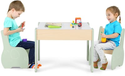 COSTWAY Kindertafel met 2 stoelen, 3-delige kinderzitgroep van hout met omkeerbaar en afneembaar tafelblad, schildertafel voor kinderen met opbergruimte, kindermeubel, zitgroep voor kinderen vanaf 3
