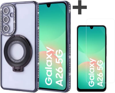 Hoesje met Ringhouder Geschikt voor Samsung Galaxy A26 met Diamant Glitters en Gehard Glas Screenprotector – Arara Backcover - Zwart