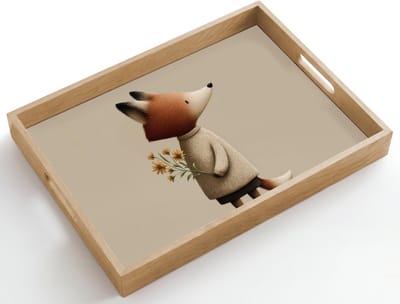 Dienblad hout 50x35 cm - Schootdienblad - Vos - Gele bloemen - Minimalistisch - Borrelplank rechthoek - Plateau dienbladen