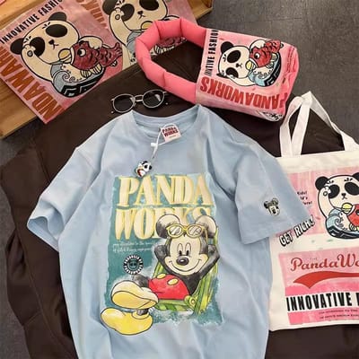 T-shirt à manches courtes dessin animé pour femmes Été Nouveau Ample Grande taille Polyvalent Haut en pur coton XXL bleu ciel