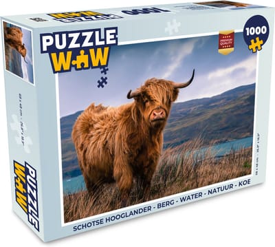 Puzzel Schotse Hooglander - Berg - Water - Natuur - Koe - Legpuzzel - Puzzel 1000 stukjes volwassenen
