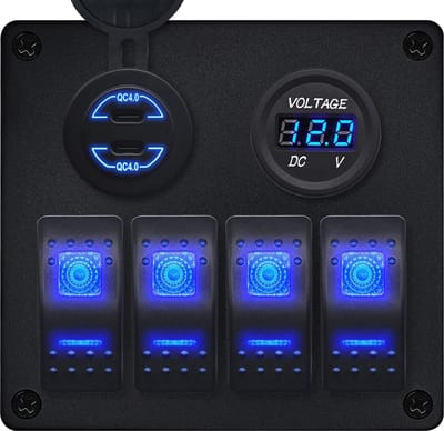 ProRide Schakelpaneel 12V voor Auto/Boot - USB C Lader 2 Poorten met Voltmeter - 30W/QC4.0 - 4 Schakelaars