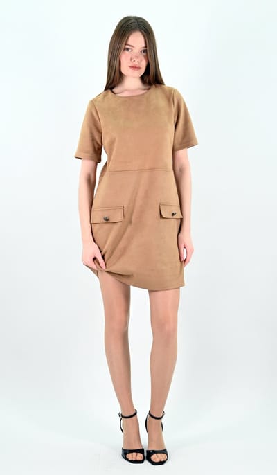 YesMooi - Camel Kleur Faux Suède Jurk met Zakken - L (40)