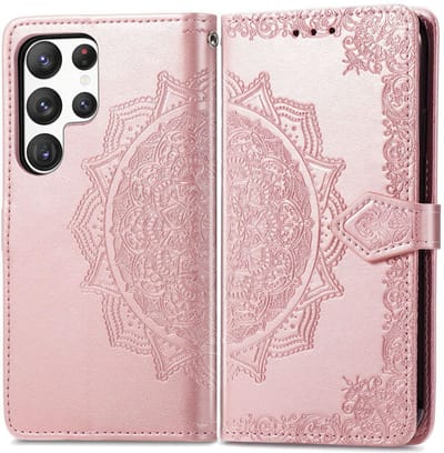 YPCd - Bookcase geschikt voor Samsung Galaxy S23 Ultra - Bloemen Design - Portemonnee / Wallet Hoesje - Roze