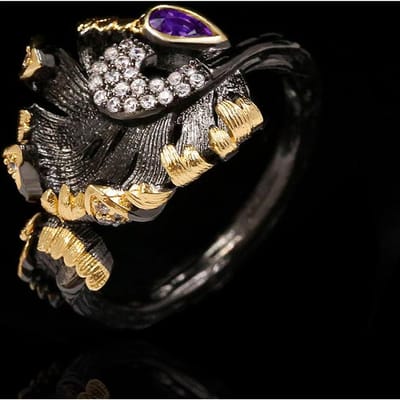 Retro Etnische Bladeren Kronkelende Onregelmatige Zwarte Doorschijnende Kristallen Ring Luxe Overdreven Sieraden Trouwring 7 black