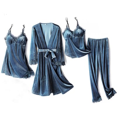 Bordeauxrood Velours 4-delige Pyjama Set Bruidsjas Nachthemd Herfst Winter Dames Nachtkleding Sexy Kant Afwerking Pyjama Pak Huiskleding 2XL gray