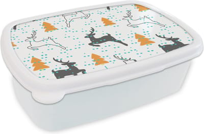 Broodtrommel Wit - Lunchbox - Brooddoos - Hert - Patroon - Boom - 18x12x6 cm - Volwassenen