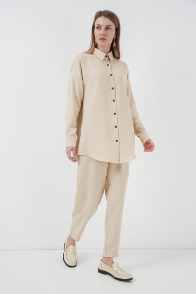 Linnenmix Lange Mouwen Shirt en Broek Co-ord Set