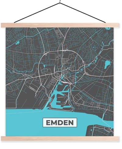 Posterhanger incl. Poster 40x40 cm - Schoolplaat - Kaart – Plattegrond – Stadskaart – Emden – Duitsland – Blauw - Textielposter - Blanke latten - Stadskaart