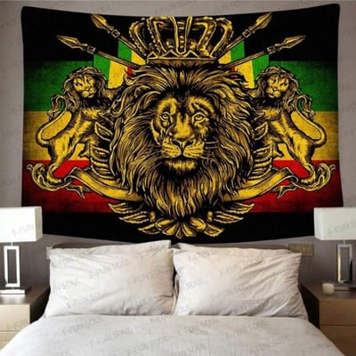 Vintage Koninklijke Leeuw Kroon Wandkleed, Rasta Reggae Afrikaanse Vlag Print Muurkunst voor Slaapkamer Woonkamer Studentenkamer Appartement Decoratie 70x100CM