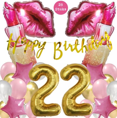 Snoes Mega Beauty Helium Ballonnen Set 22 Jaar - Roze Helium Folieballonnen - Slinger Happy Birthday Goud