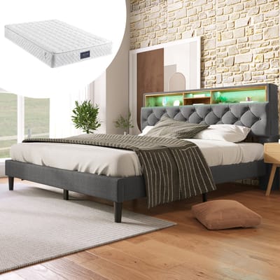 DESMIU Gestoffeerd Tweepersoonsbed 140x200 cm – Bed Met Ledverlichting En Opbergruimte In Hoofdbord – Met Matras – Moderne Stijl – Grijs