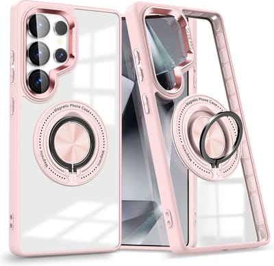 Magsafe Hoesje Geschikt voor Samsung Galaxy S25 Ultra hoesje Transparant Rose Goud - Met kickstand Draaibare Ring Houder