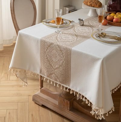 Tafelkleed met franjes - Keukentextiel - Tafel decoreren - Zwaar linnen katoen - 140 x 240 cm - Champagne