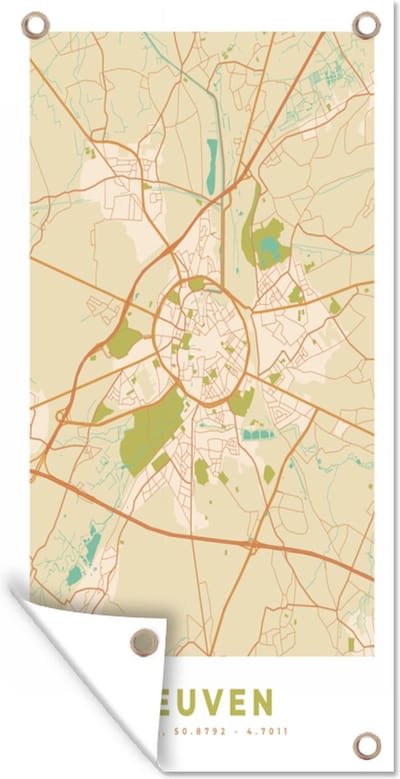 Schuttingposter Kaart - België - Vintage - Plattegrond - Stadskaart - Leuven - 100x200 cm - Tuindoek