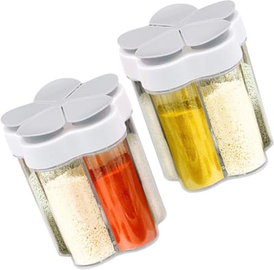 Set van 2 veelzijdige 5-in-1 kruidendispensers voor camping en reizen met deksel, transparante kruidenboxen voor eenvoudig gebruik en opslag