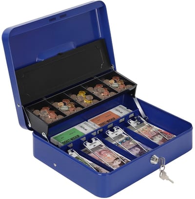 Metaal geldcassette met sleutelslot - Dubbellaagse kluis - Draagbaar - Blauw - 30 x 24 x 9 cm