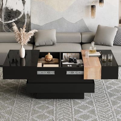 Vierkante Salontafel - Theetafel Bijzettafel - Woonkamer Meubel - Uittrekbaar Blad Opbergruimte - 70x70x39 cm - Zwart Hoogglans