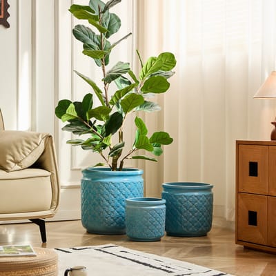 Wishdor - Bloempot - Modern Patroon - Voor Binnen En Buiten - Keramiek - Antiekblauw