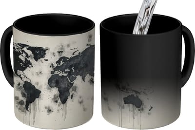 Magische Mok - Foto op Warmte Mokken - Koffiemok - Wereldkaart - Zwart - Inkt - Magic Mok - Beker - 350 ML - Theemok