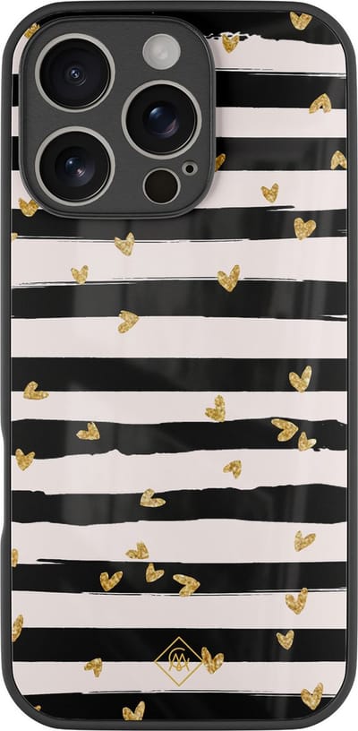 Casimoda® hoesje - Geschikt voor iPhone 16 Pro - Hart Streepjes - Luxe Hard Case Zwart - Backcover telefoonhoesje - Zwart