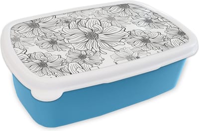 Broodtrommel Blauw - Lunchbox - Brooddoos - Bloemen - Zwart - Wit - Design - 18x12x6 cm - Kinderen - Jongen