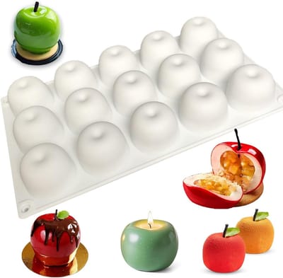 3D Appel Silicone Mallen voor Bakken, 15 Wells, Antiaanbaklaag, Ideaal voor Chocoladeballen, Taart, Mousse en Pudding, Diameter 43mm, Wit
