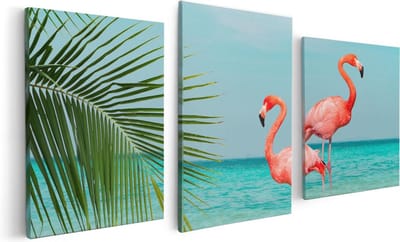 Artaza Canvas Schilderij Drieluik Twee Flamingo's in het Water - 120x60 - Foto Op Canvas - Canvas Print