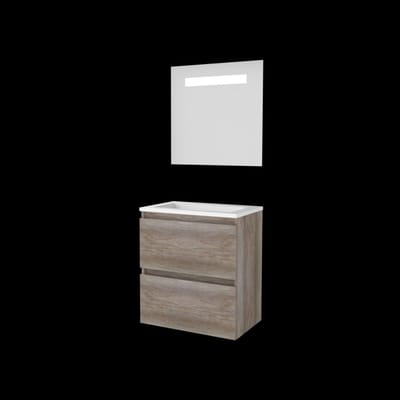 Basic-Line Economic 39 Badkamermeubelset - Ondiep - 60 x 39 cm - Greeploos - 2 Lades - Acryl Wastafel - Zonder Kraangat - Spiegel met LED Verlichting - Scotch Oak