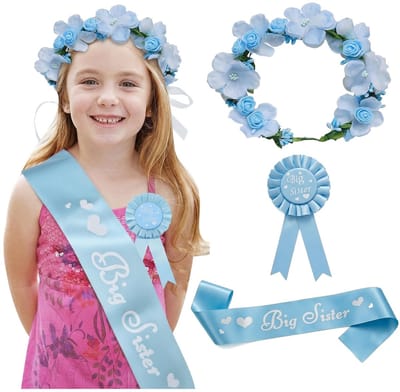 Cosensi- Accessoireset Big Sister - Satijnen Sjerp - Badgepin - Bloemenkroon - Babyshower Versiering - Comfortabel en Aanpasbaar