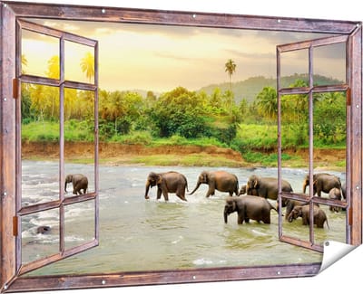 Gards Tuinposter Doorkijk Kudde Olifanten in het Water - 180x120 cm - Tuindoek - Tuindecoratie - Wanddecoratie buiten - Tuinschilderij