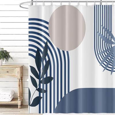 Blauwe abstracte douchegordijn met geometrisch patroon, waterdicht en schimmelbestendig, 180 x 180 cm, inclusief 12 haken voor badkamerdecoratie