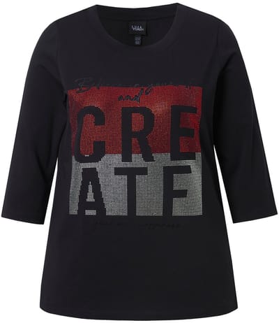 Ulla Popken - Dames - T-shirt lettermotief ronde hals opstaande kraag 3/4-mouwen - Zwart - Maat 42+