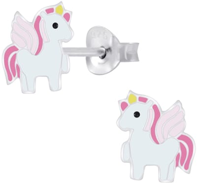 Joy|S - Zilveren eenhoorn oorbellen - roze eenhoorn vleugeltjes -  unicorn paardje oorknoppen