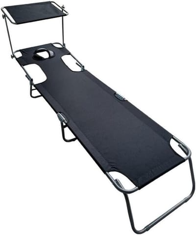 Opvouwbaar Bed - Ligstoel Buiten - Kamperen Reizen - Met Luifel - 186 cm - Zwart