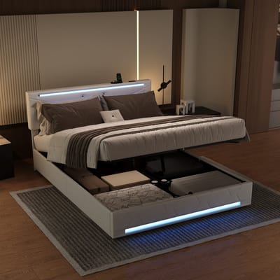 stoffen gasveerbed 140×190 cm met LED-verlichting aan hoofdeinde en voeteneinde, USB-poort en praktische onderbed-opslag, Beige